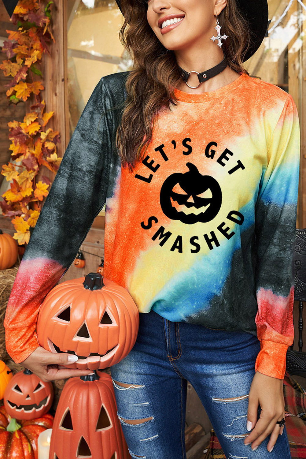 LET'S GET SMASHED Halloween Pumpkin Face Graphic Tie-dye Sweatshirt Orange Long Sleeve Tops JT's Designer Fashion
