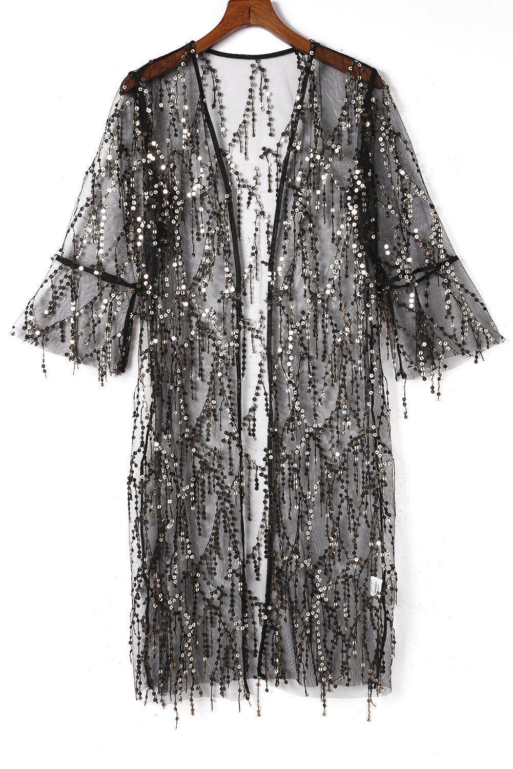Black Sequin Sheer Long Sleeve Open Front Kimono Kimonos JT's Designer Fashion