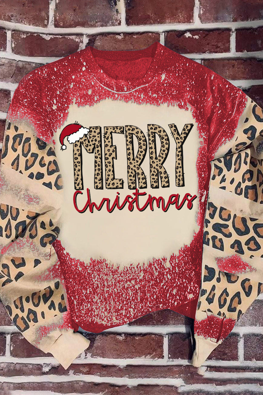 Red MERRY Christmas Leopard Color Block Sweatshirt Red 95%Polyester+5%Elastane Graphic Sweatshirts JT's Designer Fashion