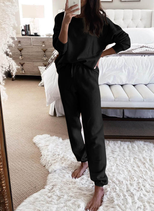 Black Long Sleeve Top and Drawstring Pants Lounge Outfit Loungewear JT's Designer Fashion