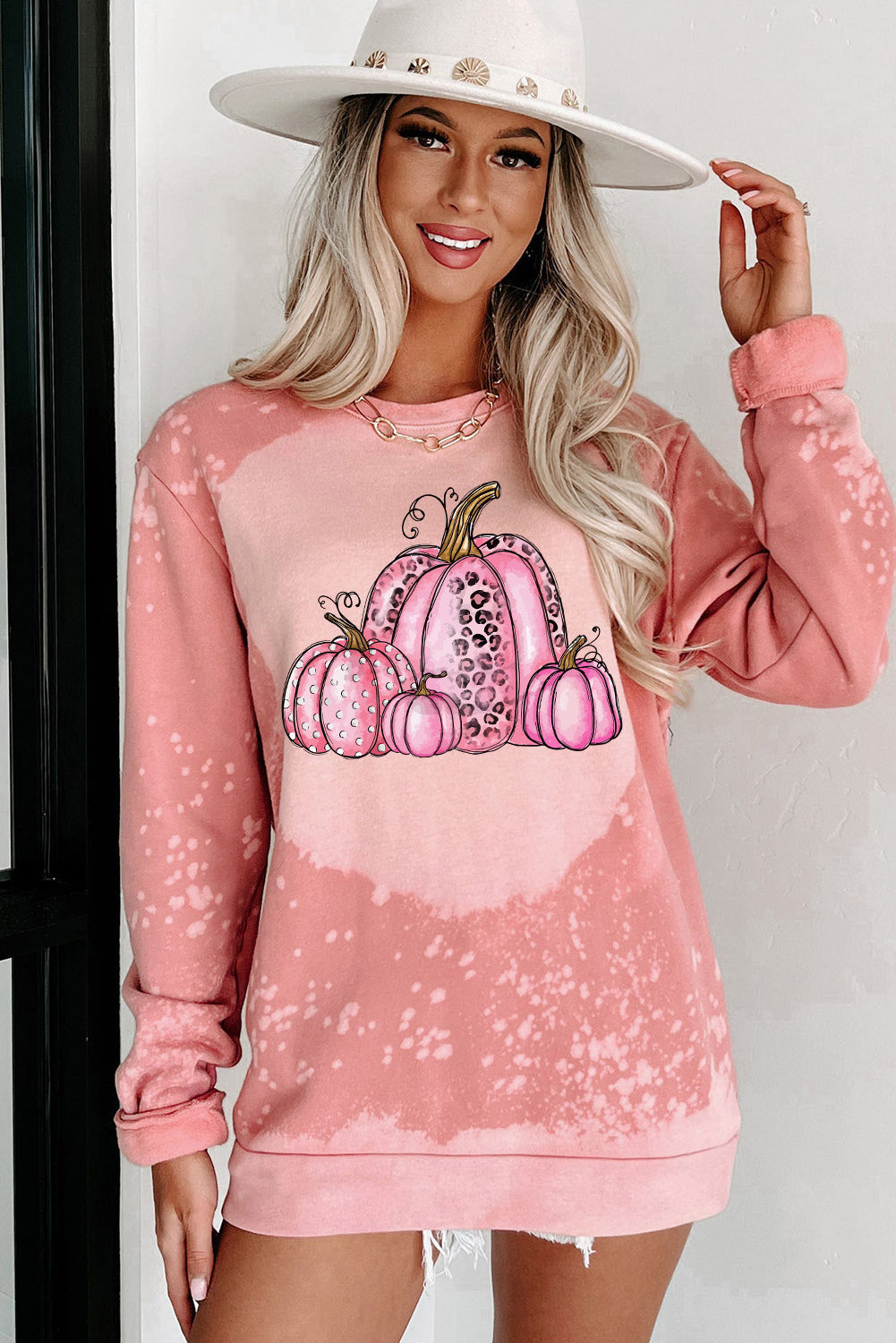 Pink Pumpkin Graphic Bleached Tie Dye Sweatshirt Graphic Sweatshirts JT's Designer Fashion