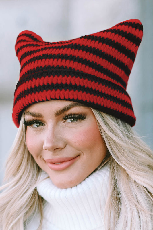 Red Cute Striped Cat-Ear Knit Beanie Hat Hats & Caps JT's Designer Fashion