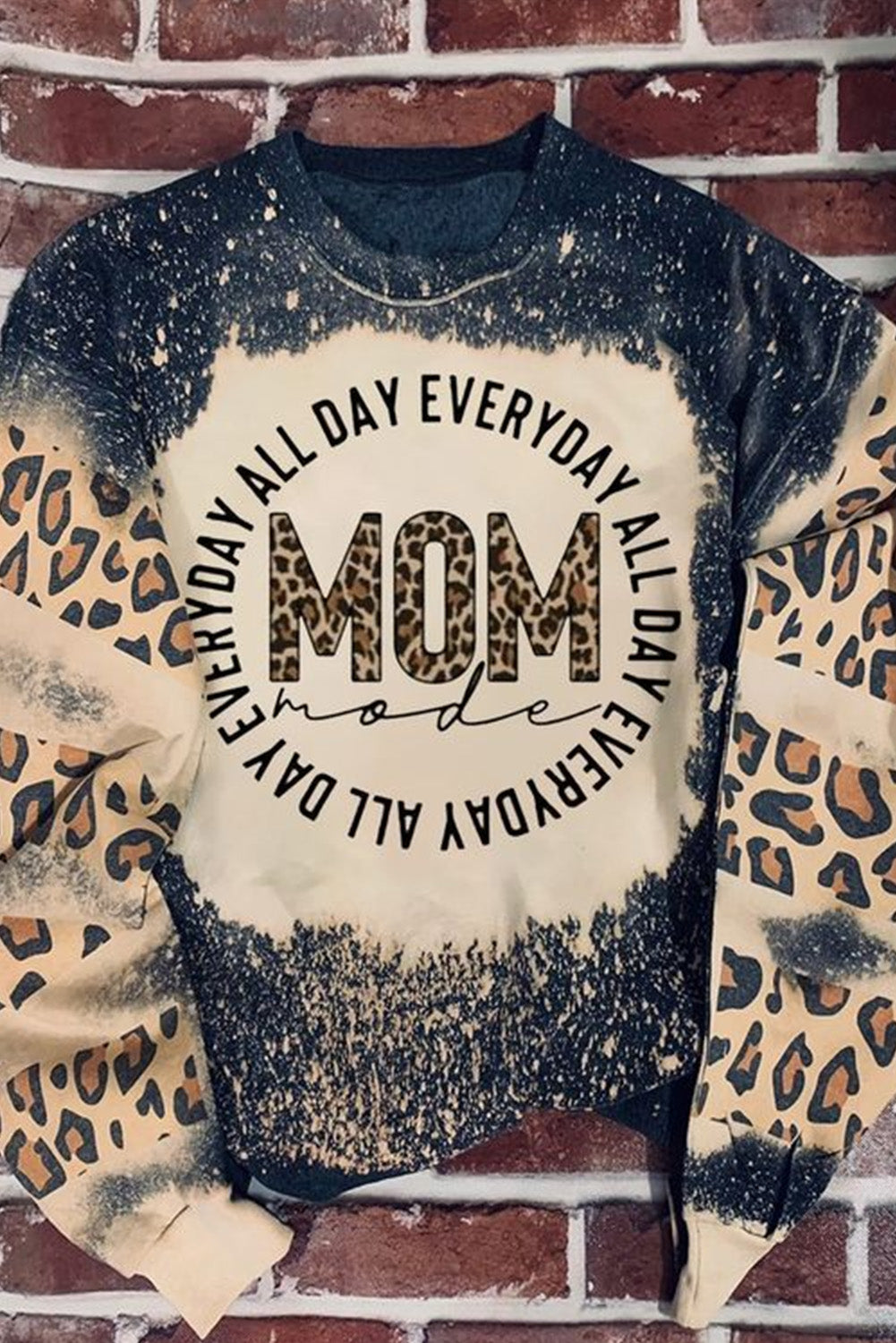 Black MOM Letter Graphic Print Leopard Bleached Sweatshirt Black 95%Polyester+5%Elastane Graphic Sweatshirts JT's Designer Fashion
