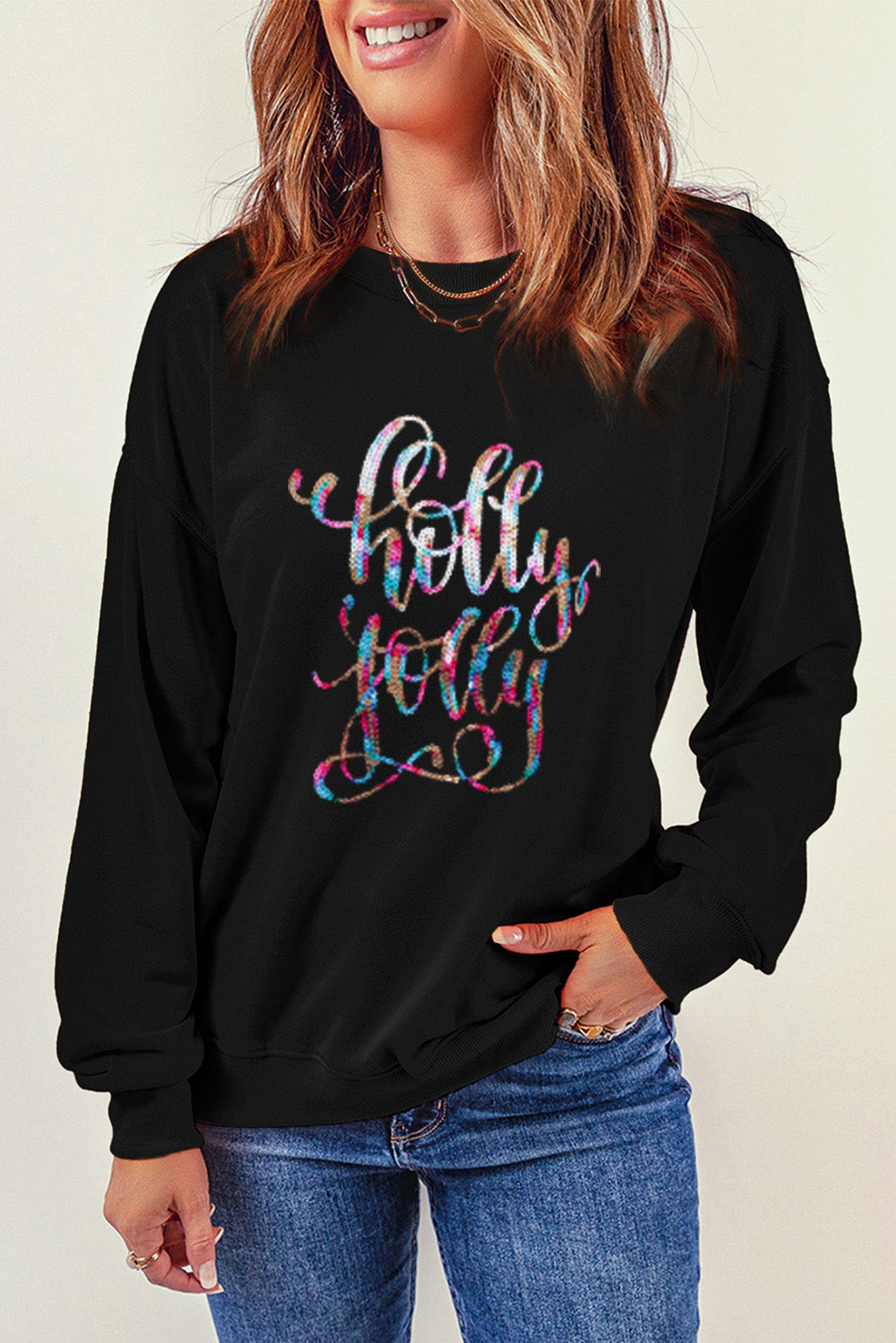 Black Holly Jolly Crew Neck Pullover Sweatshirt Graphic Sweatshirts JT's Designer Fashion