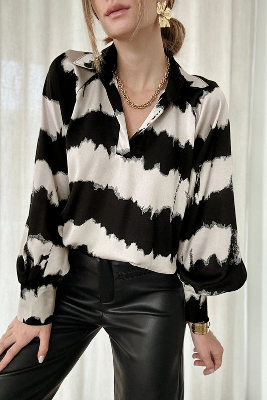 Black Striped Turn Down Collar Balloon Sleeve Blouse Blouses & Shirts JT's Designer Fashion