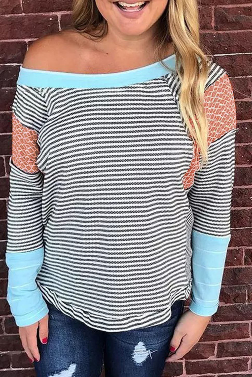 Striped Print Patchwork Long Sleeve Top Long Sleeve Tops JT's Designer Fashion