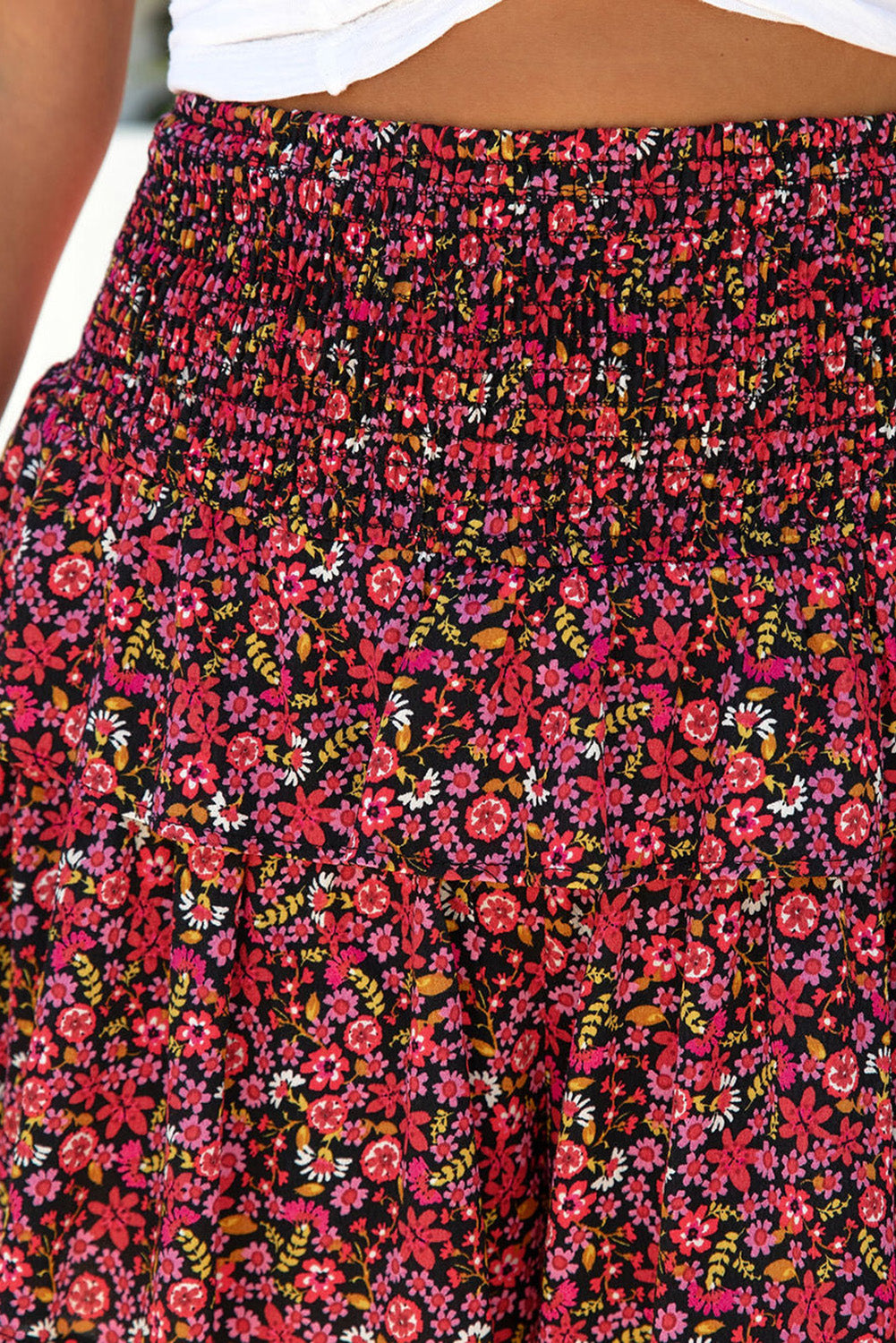 Red Floral Print Smocked Waist Shorts Casual Shorts JT's Designer Fashion