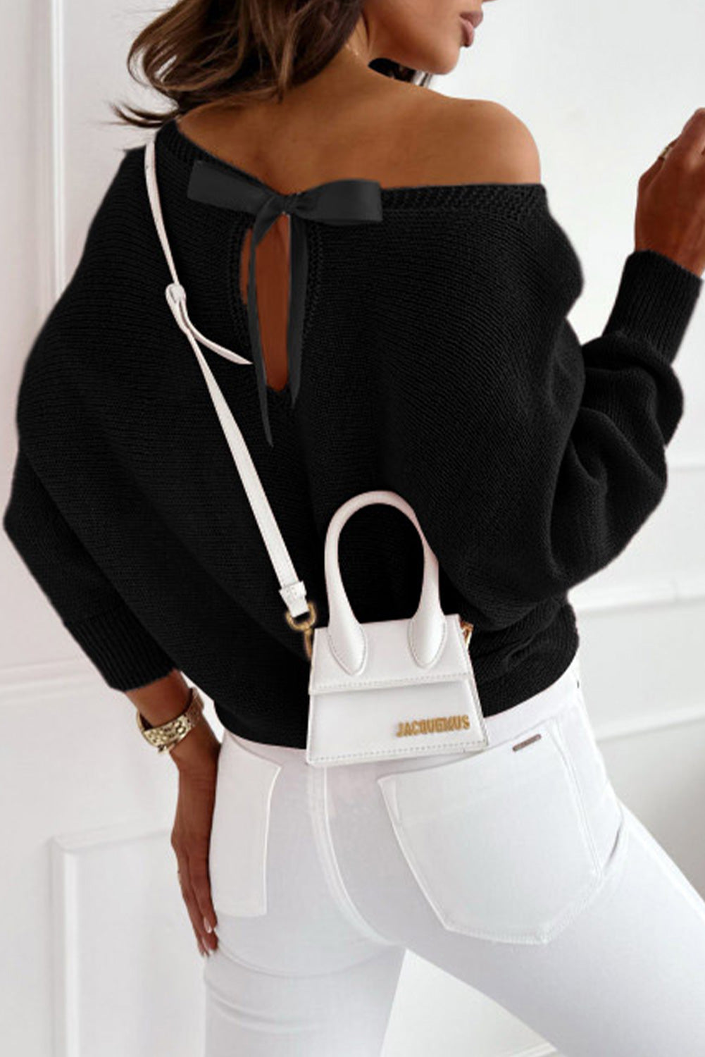 Black Ribbon Bow Knot Dolman Sleeve Sweater Pre Order Sweaters & Cardigans JT's Designer Fashion