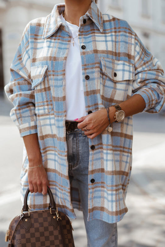 Sky Blue Plaid Flap Pocket Long Sleeve Shacket Outerwear JT's Designer Fashion