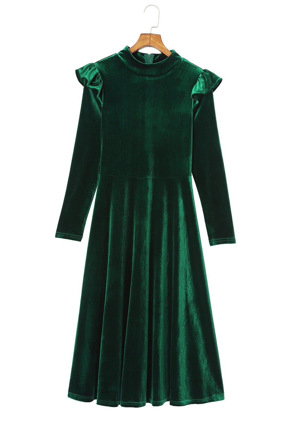 Green Frill Trim Long Sleeve Stand Neck Velvet Dress Dresses JT's Designer Fashion