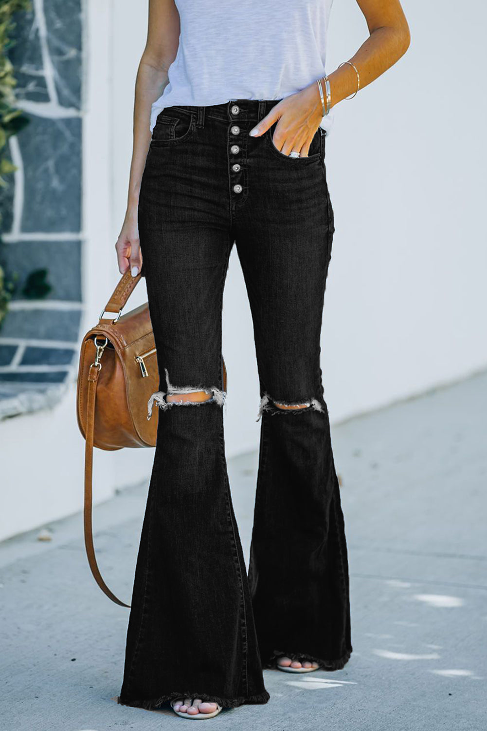 Black Casual Ripped Cut Out Flare Jeans Black 71%Cotton+27.5%Polyester+1.5%Elastane Jeans JT's Designer Fashion