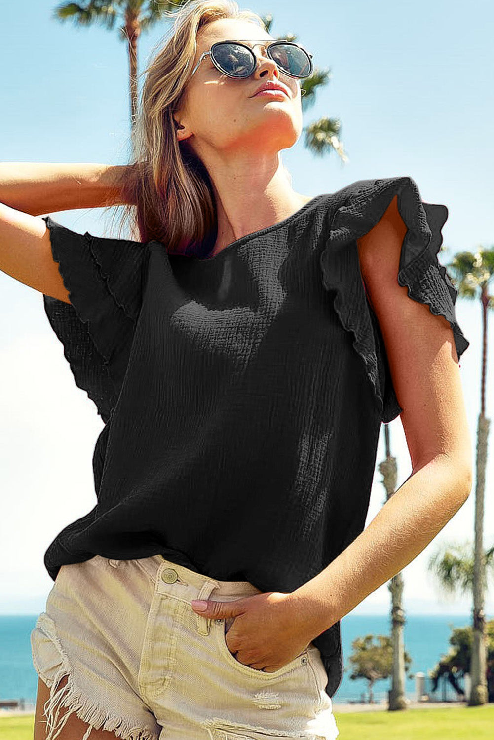 Black Crinkled Cotton Gauze Ruffle Sleeve Blouse Pre Order Tops JT's Designer Fashion