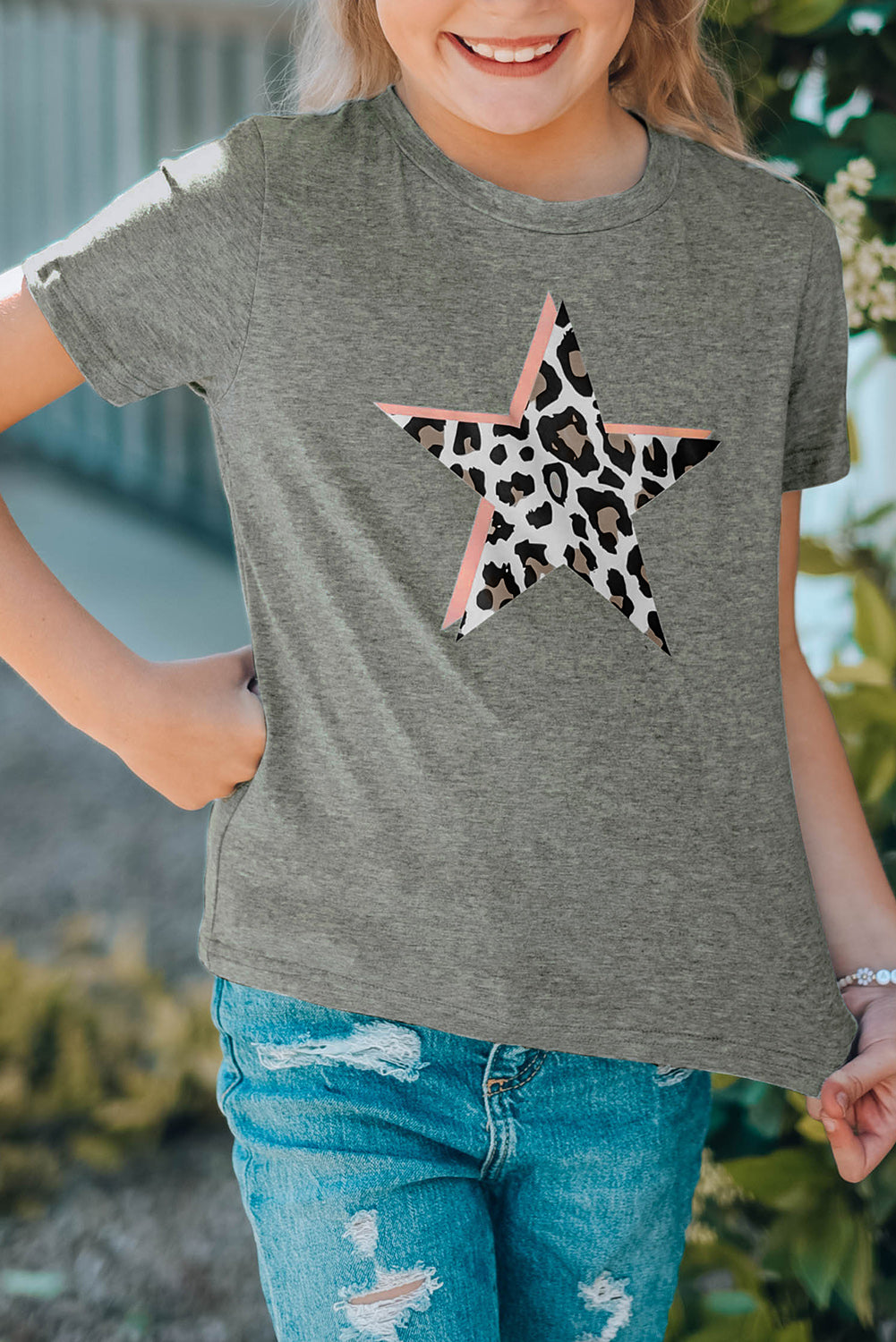 Gray Leopard Star Print Kid's Short Sleeve T-Shirt Gray 95%Polyester+5%Elastane Family T-shirts JT's Designer Fashion