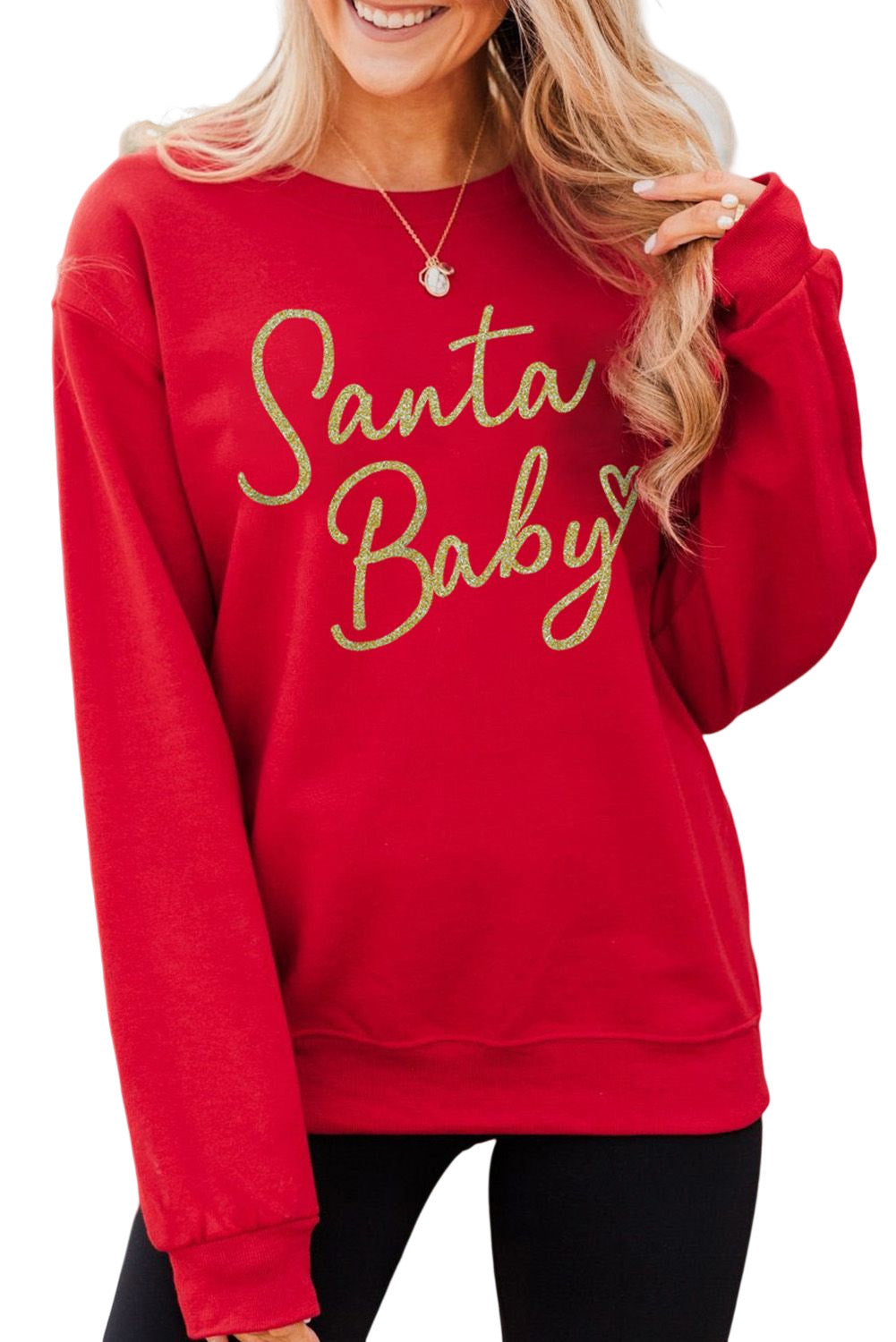 Fiery Red Santa Baby Letter Glitter Print Pullover Sweatshirt Graphic Sweatshirts JT's Designer Fashion