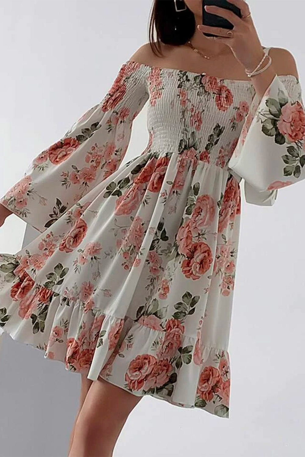 Bright White Floral Print Smocked Bell Sleeve Mini Dress Dresses JT's Designer Fashion