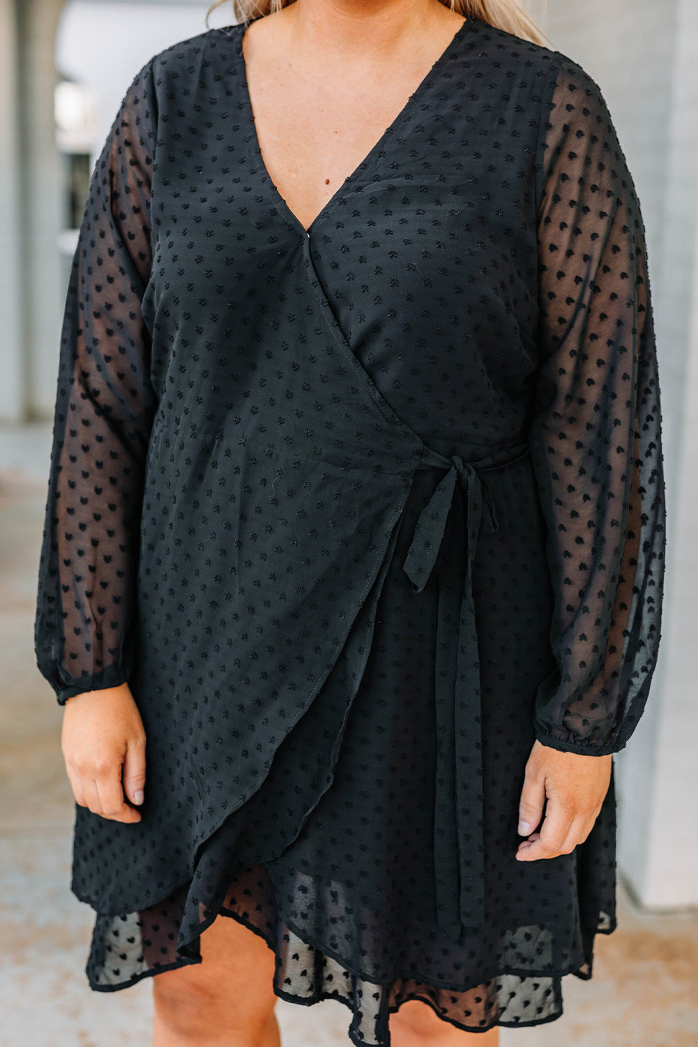 Black Plus Size Swiss Dot V Neck Wrap Long Sleeve Dress Plus Size Dresses JT's Designer Fashion