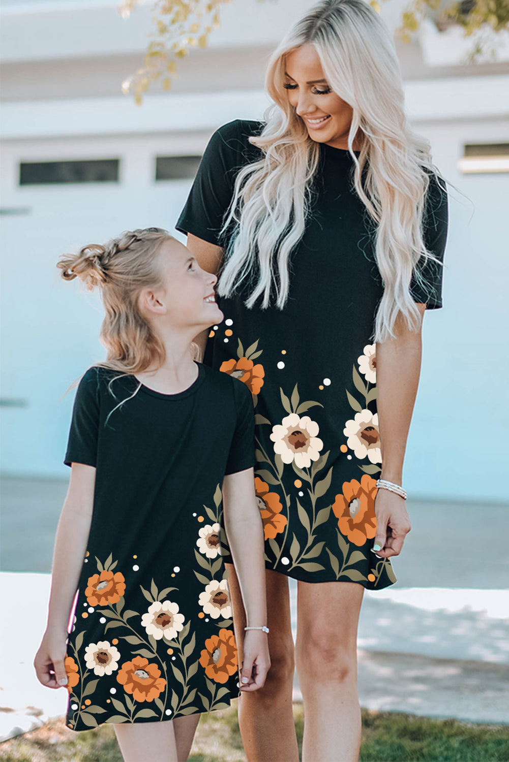 Black Family Matching Floral Printed Short Sleeve Girl's Mini Dress Family Dress JT's Designer Fashion