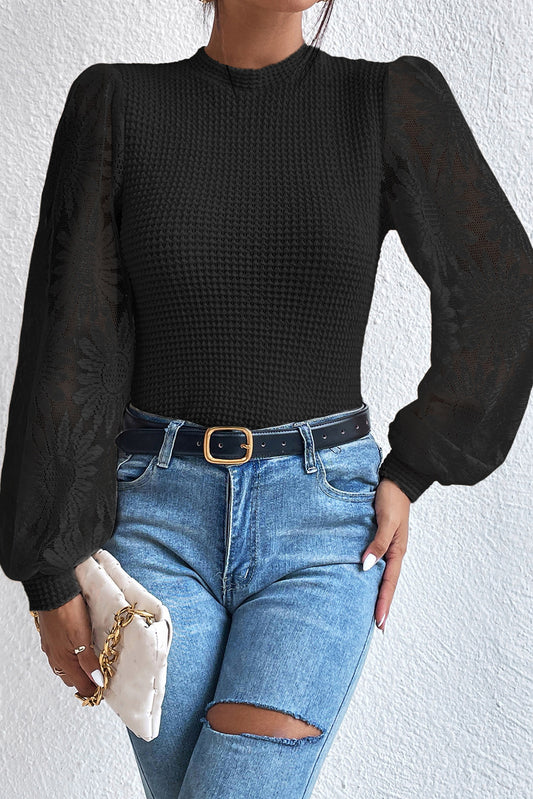 Black Sunflower Mesh Long Sleeve Waffle Knit Top Tops & Tees JT's Designer Fashion