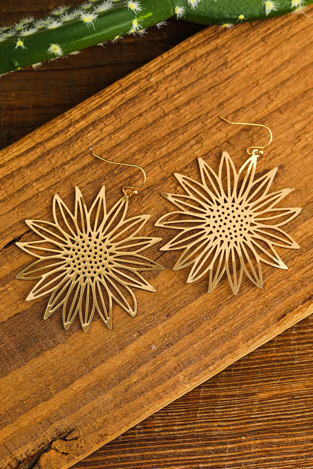 Gold Hollow-out Sunflower Hook Earrings Jewelry JT's Designer Fashion