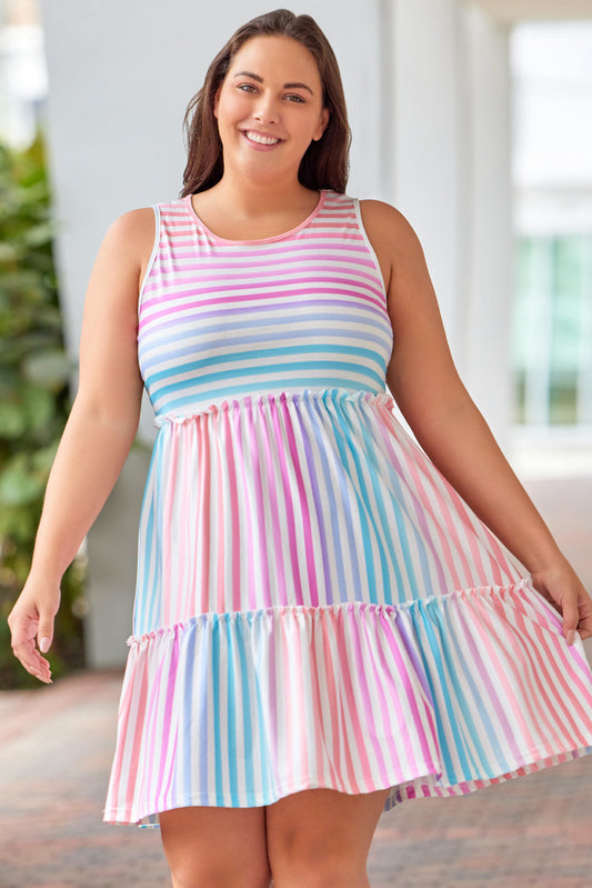 Multicolor Ombre Striped Sleeveless Tiered Plus Size Dress Plus Size Dresses JT's Designer Fashion