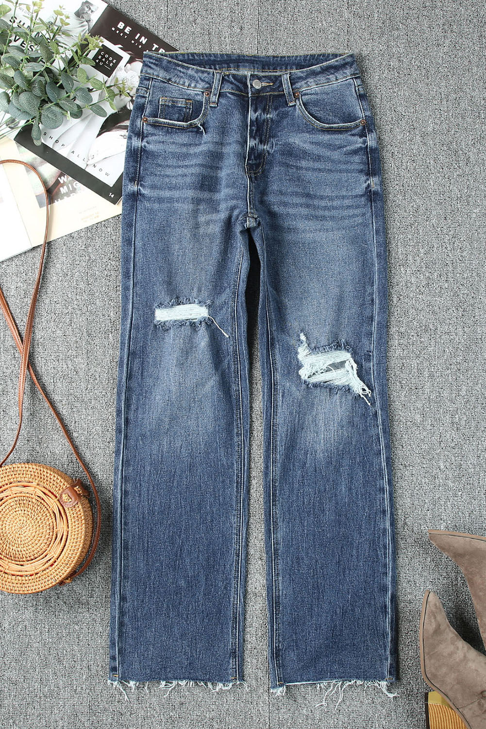 Sky Blue High Rise Ripped Straight Legs Loose Jeans Jeans JT's Designer Fashion