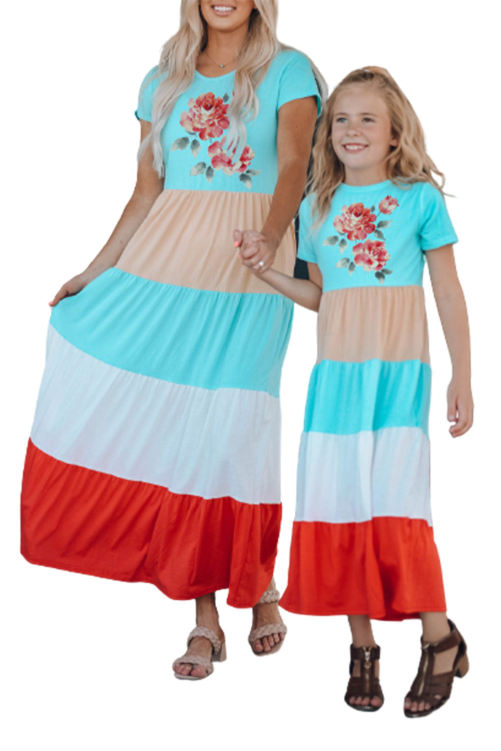 Multicolor Family Matching Floral Color Block Short Sleeve Girl's Maxi Dress Family Dress JT's Designer Fashion
