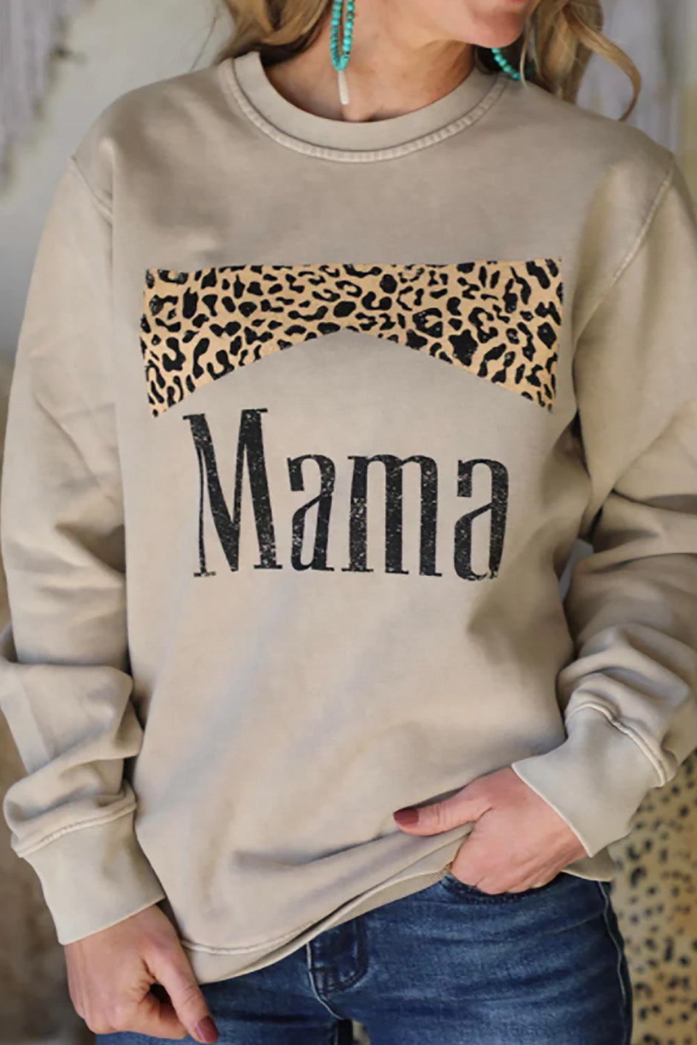 Khaki Mama Leopard Print Crewneck Pullover Sweatshirt Khaki 70%Polyester+30%Cotton Graphic Sweatshirts JT's Designer Fashion