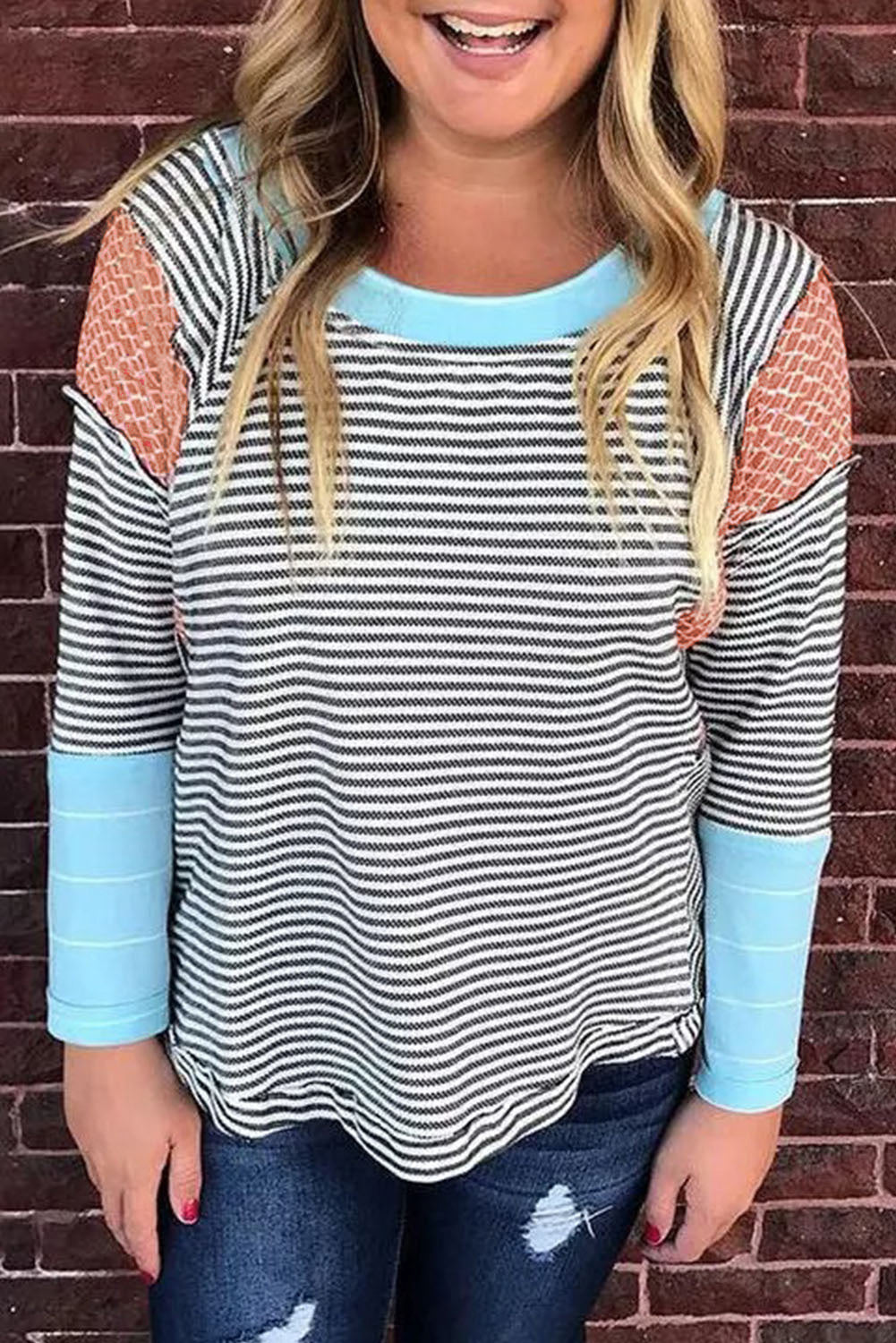 Striped Print Patchwork Long Sleeve Top Long Sleeve Tops JT's Designer Fashion