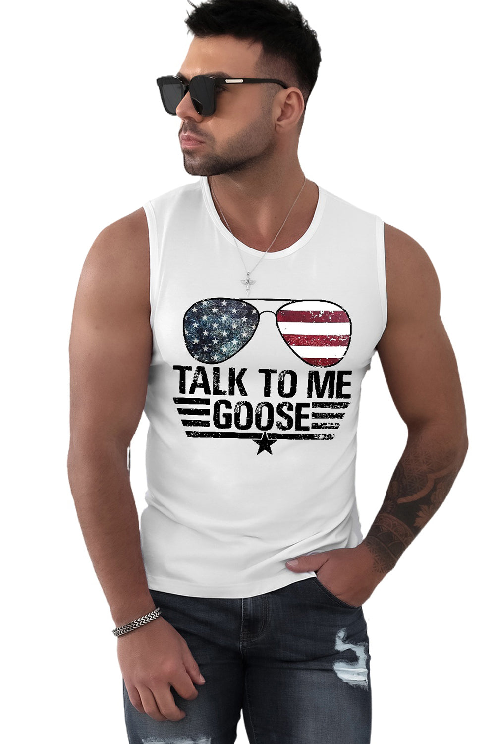 White Talk to Me Goose Flag Sunglasses Graphic Mens Tank Top Men's Tops JT's Designer Fashion