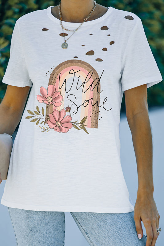 White Wild Soul Floral Graphic Distressed T Shirt White 95%Polyester+5%Spandex Graphic Tees JT's Designer Fashion
