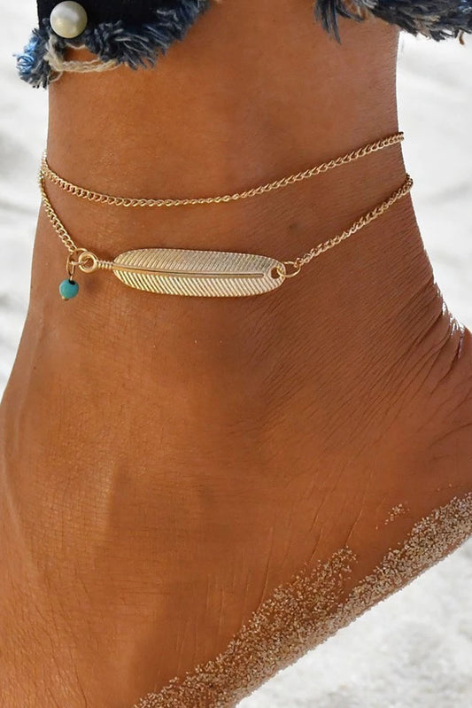 Gold Alloy Feather Bead Deocr Anklet Jewelry JT's Designer Fashion