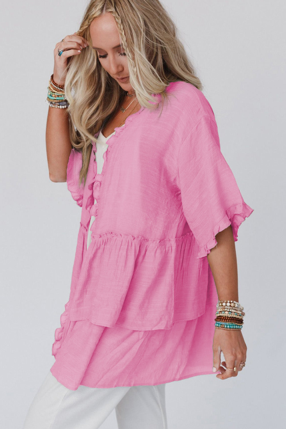 Pink Green Ruffled Trim Half Sleeve Open Front Kimono Outerwear JT's Designer Fashion