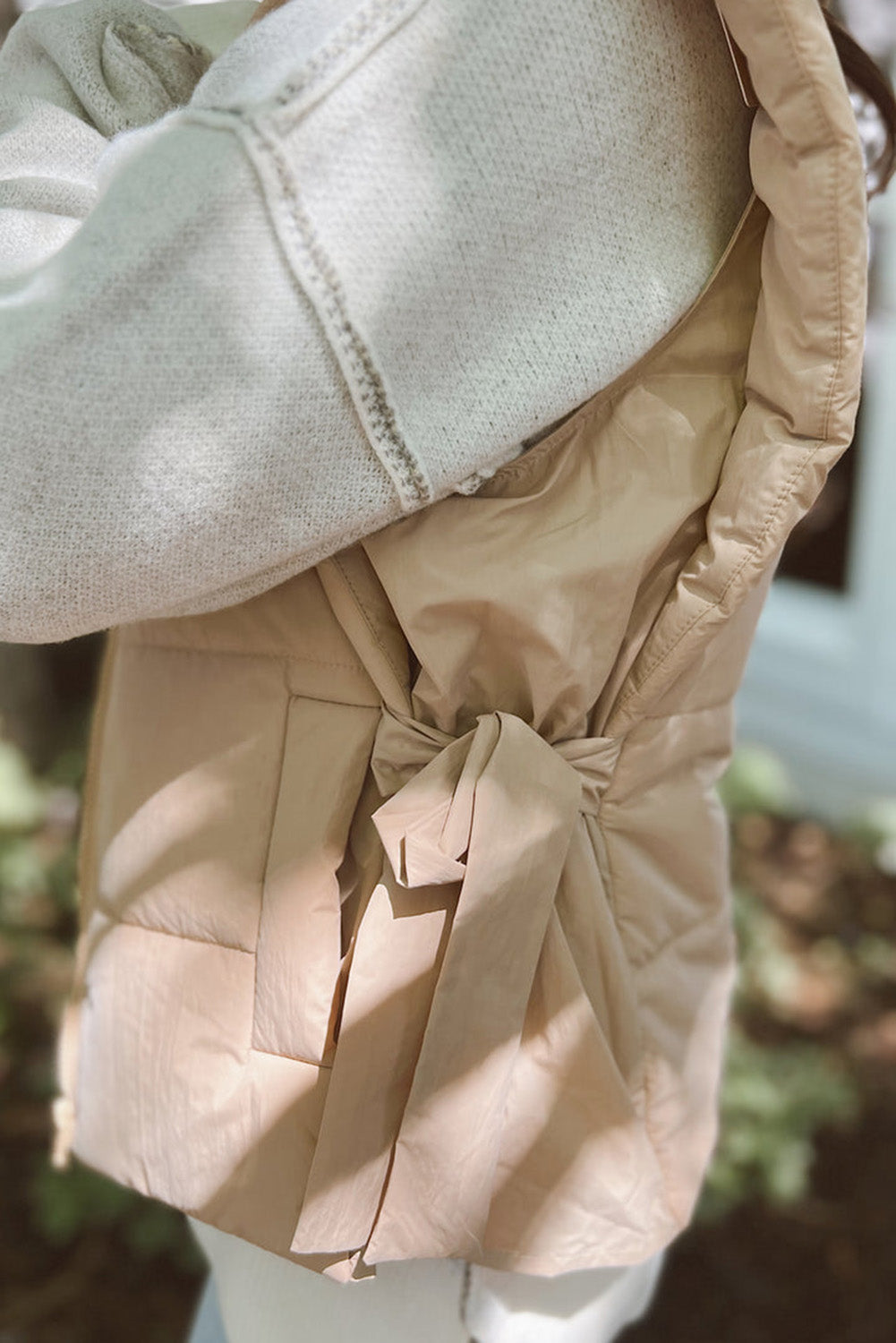 Parchment Solid Side Knot Zip Up Puffer Vest Outerwear JT's Designer Fashion
