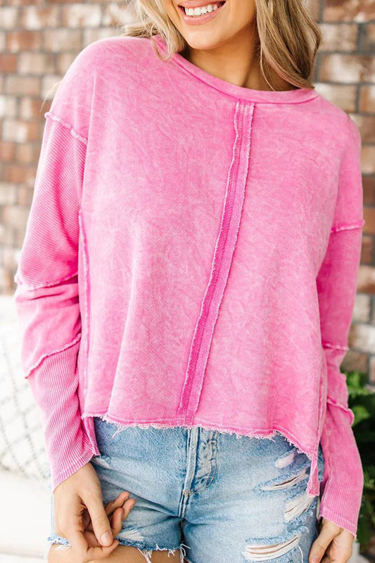Rose Patchwork Long Sleeve Distress Pullover Sweatshirt Tops & Tees JT's Designer Fashion