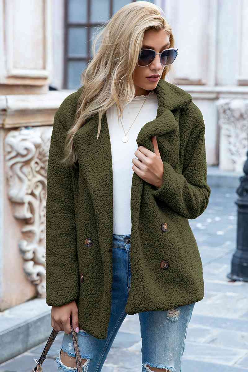 Full Size Lapel Collar Sherpa Coat Army Green Coats & Jackets JT's Designer Fashion