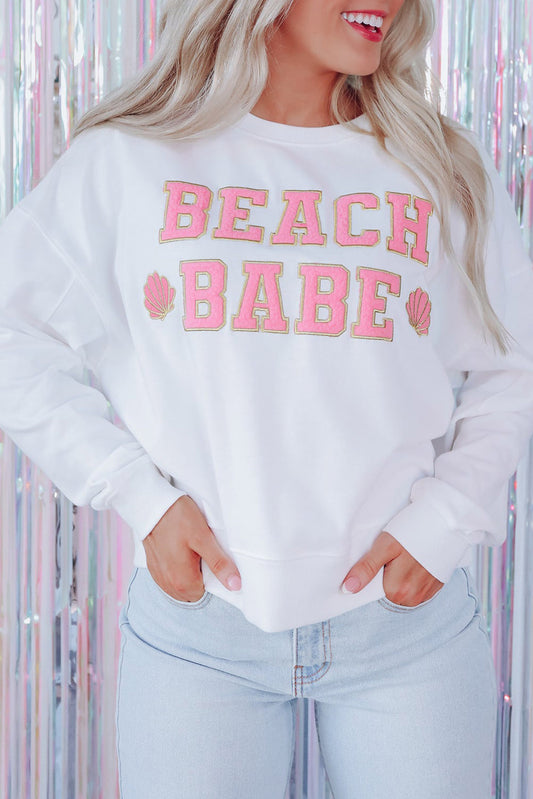 White BEACH BABE Patch Graphic Casual Sweatshirt Pre Order Sweatshirts & Hoodies JT's Designer Fashion