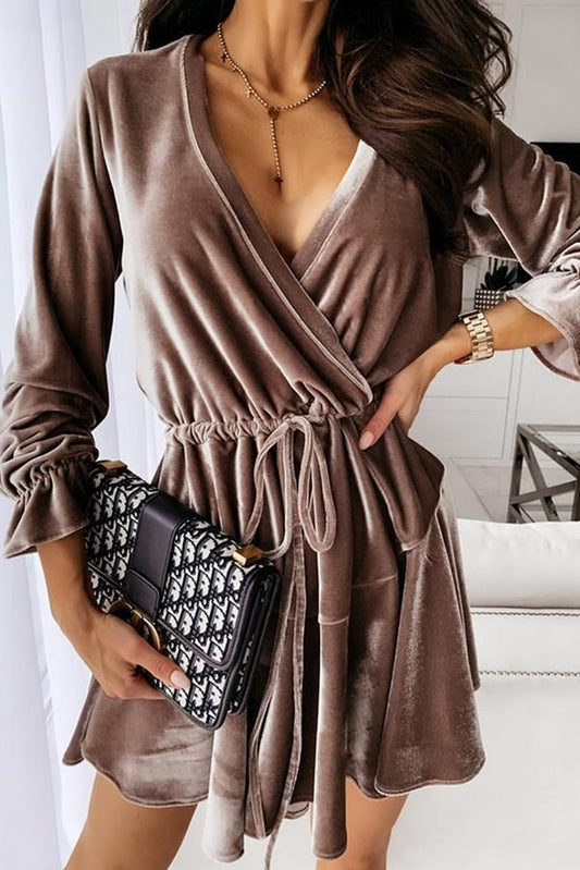 Dark Brown Velvet Flounce Sleeve Surplice Drawstring Ruffled Dress Dresses JT's Designer Fashion