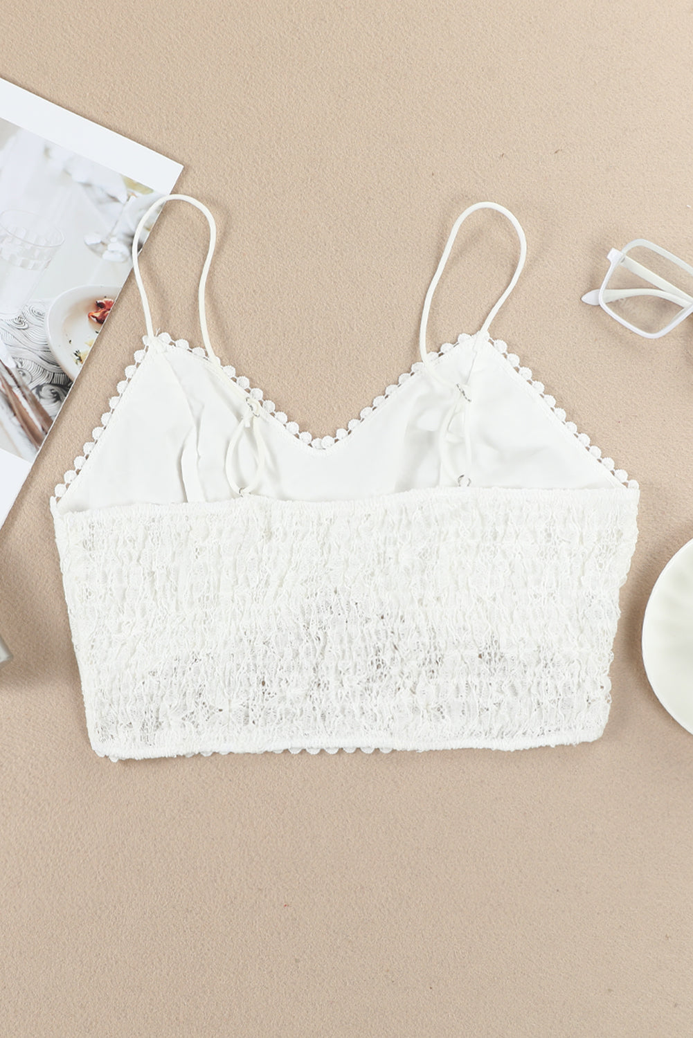 White Crochet Lace Dotty Trim Smocking Bralette Tank Tops JT's Designer Fashion