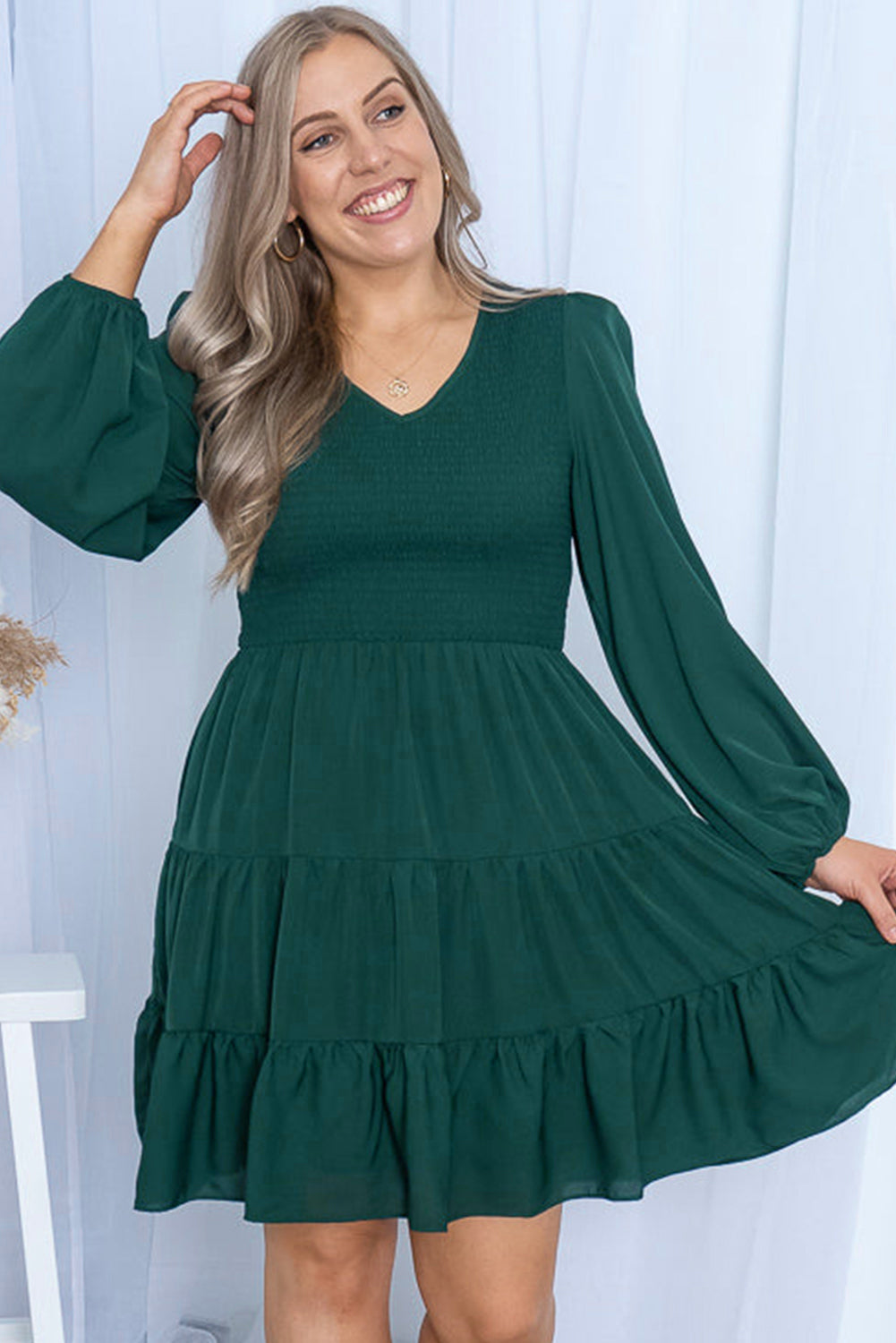 Green Plus Size Puff Sleeve Smocked Tiered Dress Plus Size Dresses JT's Designer Fashion