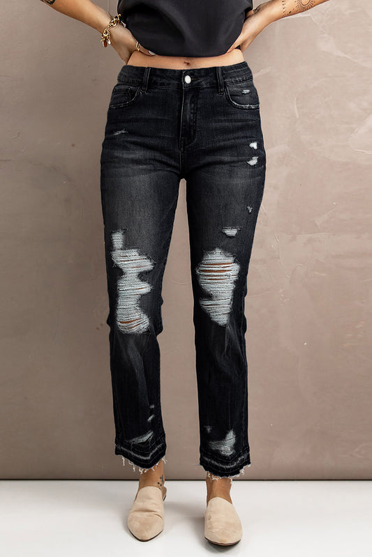 Black Washed Straight Leg Distressed High Waist Jeans Black Jeans JT's Designer Fashion