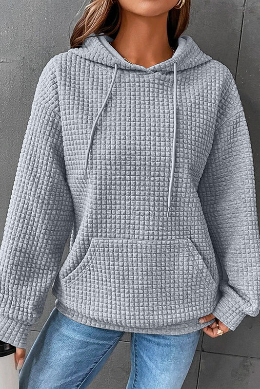 Gray Lattice Textured Kangaroo Pocket Drawstring Hoodie Pre Order Sweatshirts & Hoodies JT's Designer Fashion
