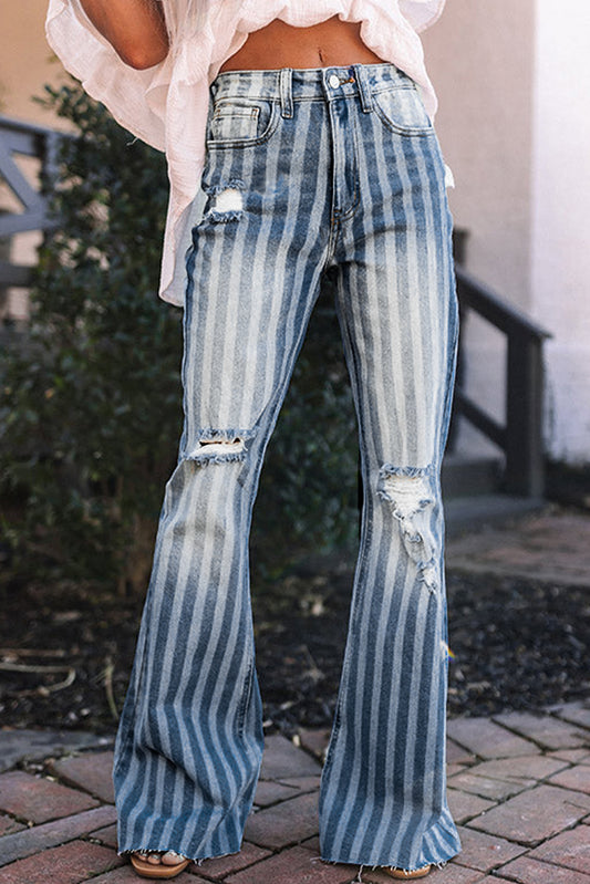 Sky Blue High Waist Distressed Striped Flare Jeans Sky Blue 65%Cotton+33%polyester+2%Elastane Jeans JT's Designer Fashion