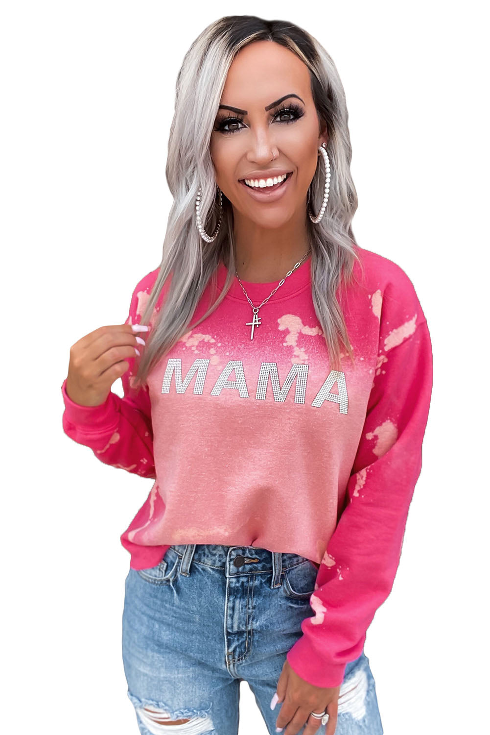Pink Mama Rhinestone Letter Graphic Tie Dye Pullover Sweatshirts & Hoodies JT's Designer Fashion