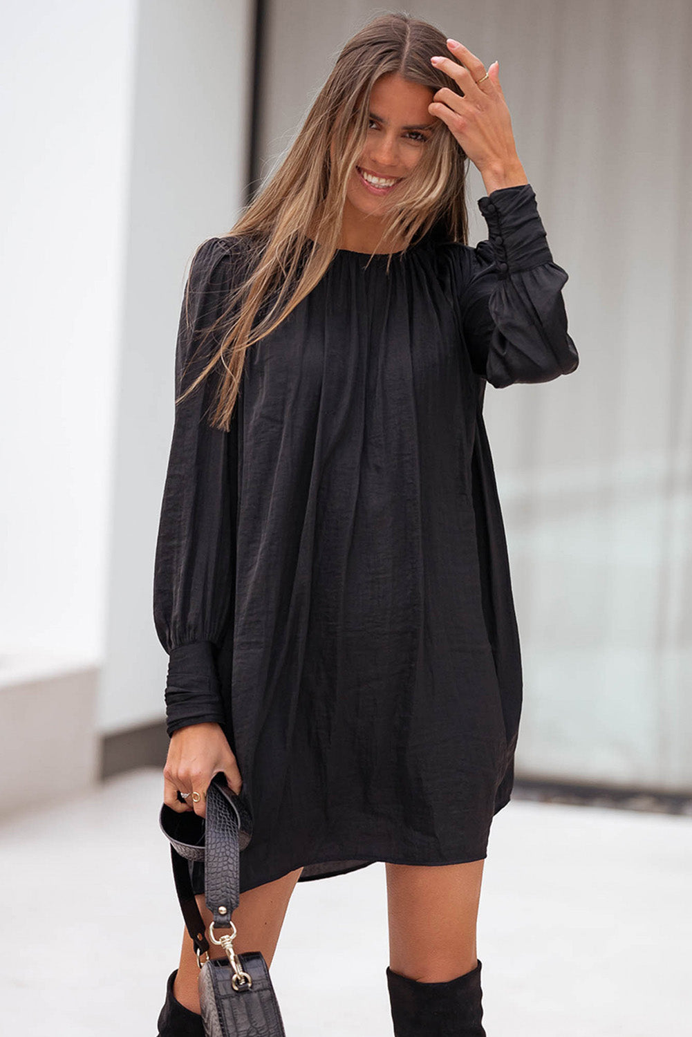 Black Solid Bishop Sleeve Pleated Mini Dress Dresses JT's Designer Fashion