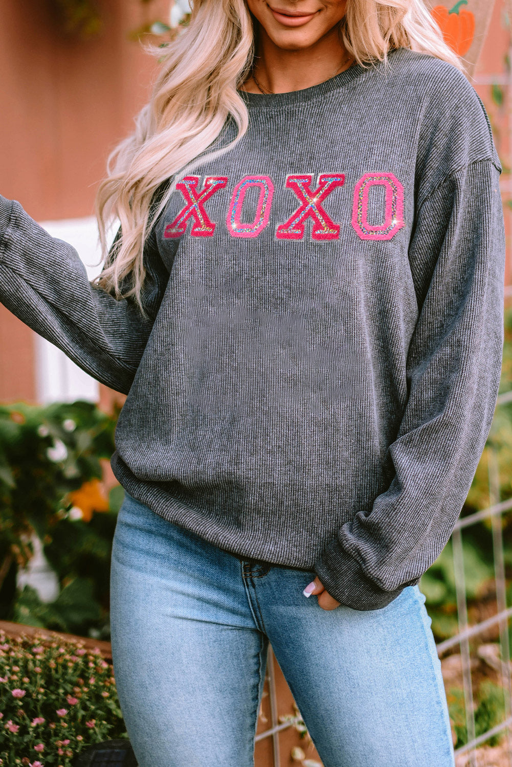 Gray Valentine Sequin XOXO Corded Crew Neck Sweatshirt Graphic Sweatshirts JT's Designer Fashion