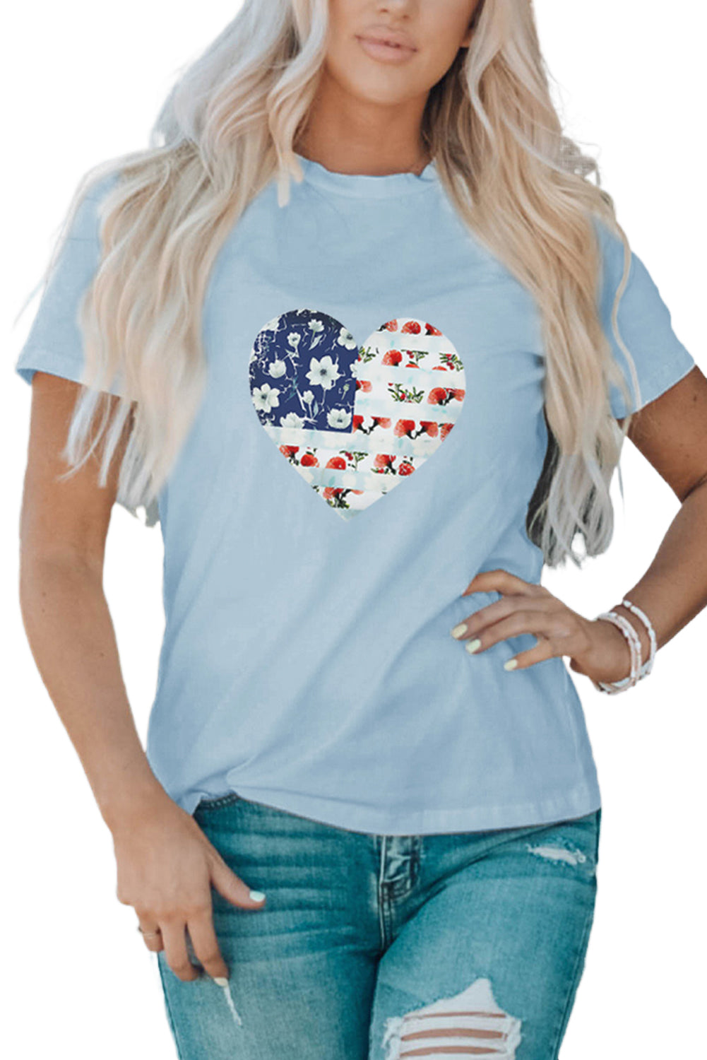Sky Blue Family Matching American Flag Flower Heart Print Graphic Tee Family T-shirts JT's Designer Fashion