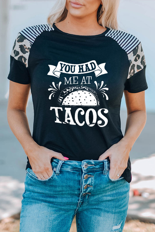 Black You Had Me at Tacos Graphic Spliced Short Sleeve Tee Black 95%Polyester+5%Spandex Graphic Tees JT's Designer Fashion