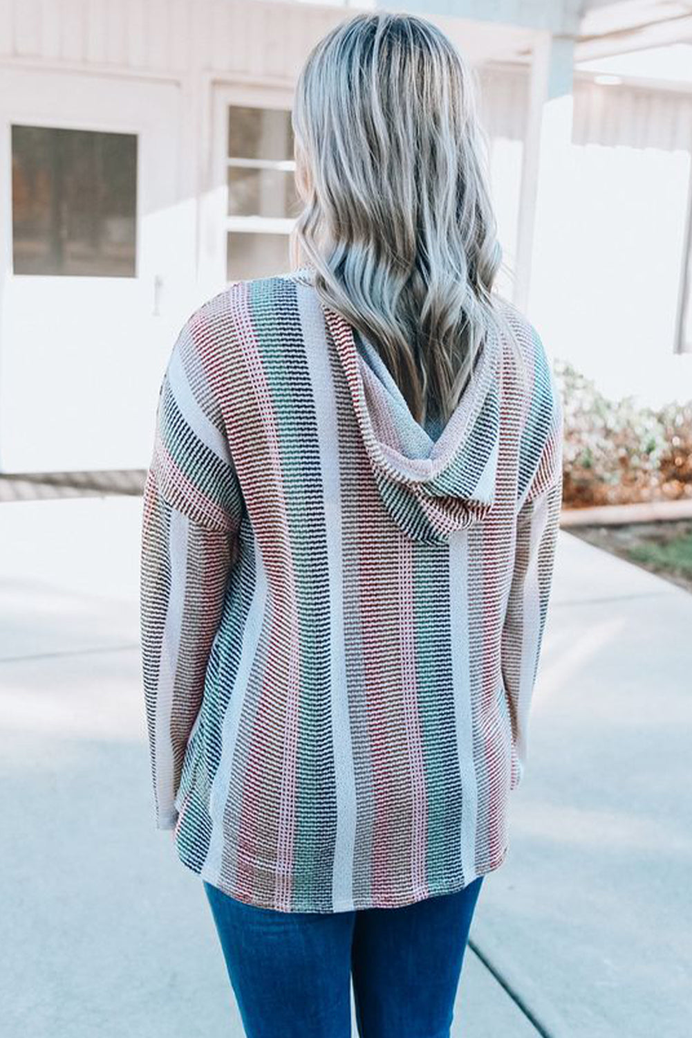 Multicolor Striped Drop Shoulder Textured Knit Hoodie Sweatshirts & Hoodies JT's Designer Fashion