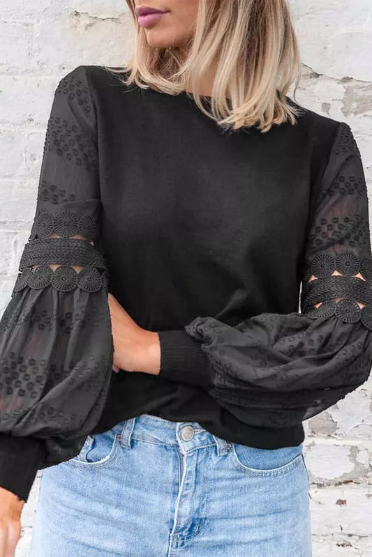 Black Lace Crochet Hollow Out Lantern Sleeve Blouse Blouses & Shirts JT's Designer Fashion