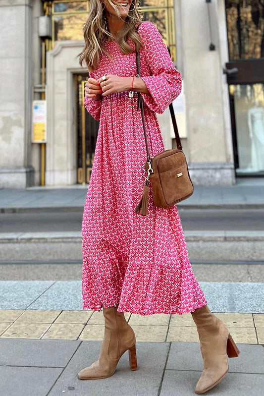 Rose Printed Long Sleeve Ruffle Hem Maxi Dress Dresses JT's Designer Fashion